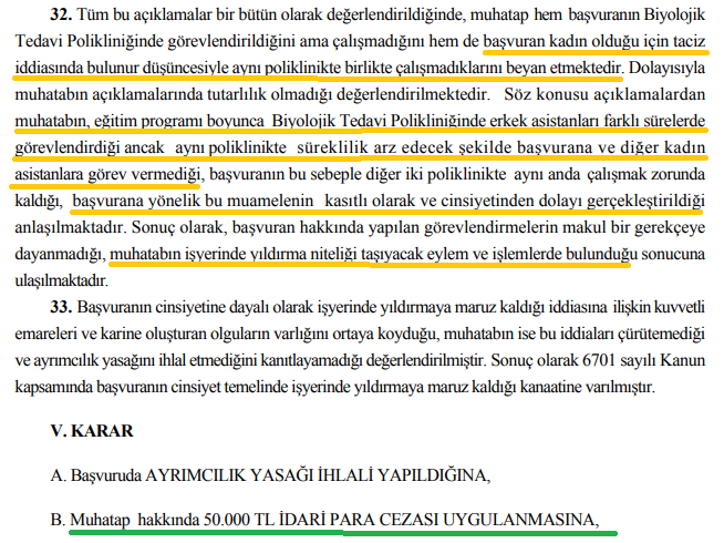 Türkiye İnsan Hakları ve Eşitlik Kurumu, kadın olduğu için taciz iddiasında bulunur düşüncesiyle kadın asistan doktorlarla aynı poliklinikte çalışmayan, Biyolojik Tedavi Polikliniğinde kadın asistan doktorlara görev vermeyen, asistan doktoru aynı anda iki poliklinikte çalışmak…