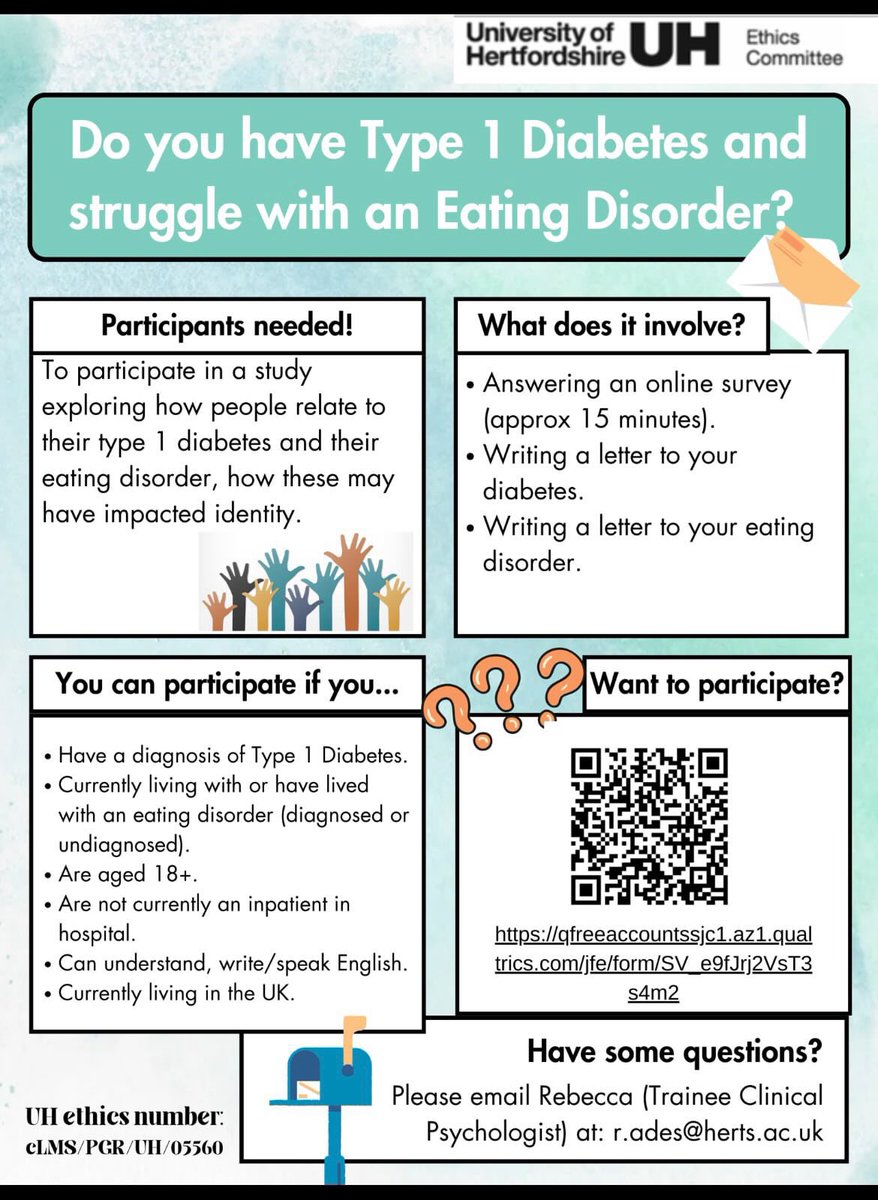 This week is #EatingDisorderAwarenessWeek . I met this fantastic researcher last week who is looking for participants with #type1diabetes and an #eatingdisorder . Sign up here qfreeaccountssjc1.az1.qualtrics.com/jfe/form/SV_e9…