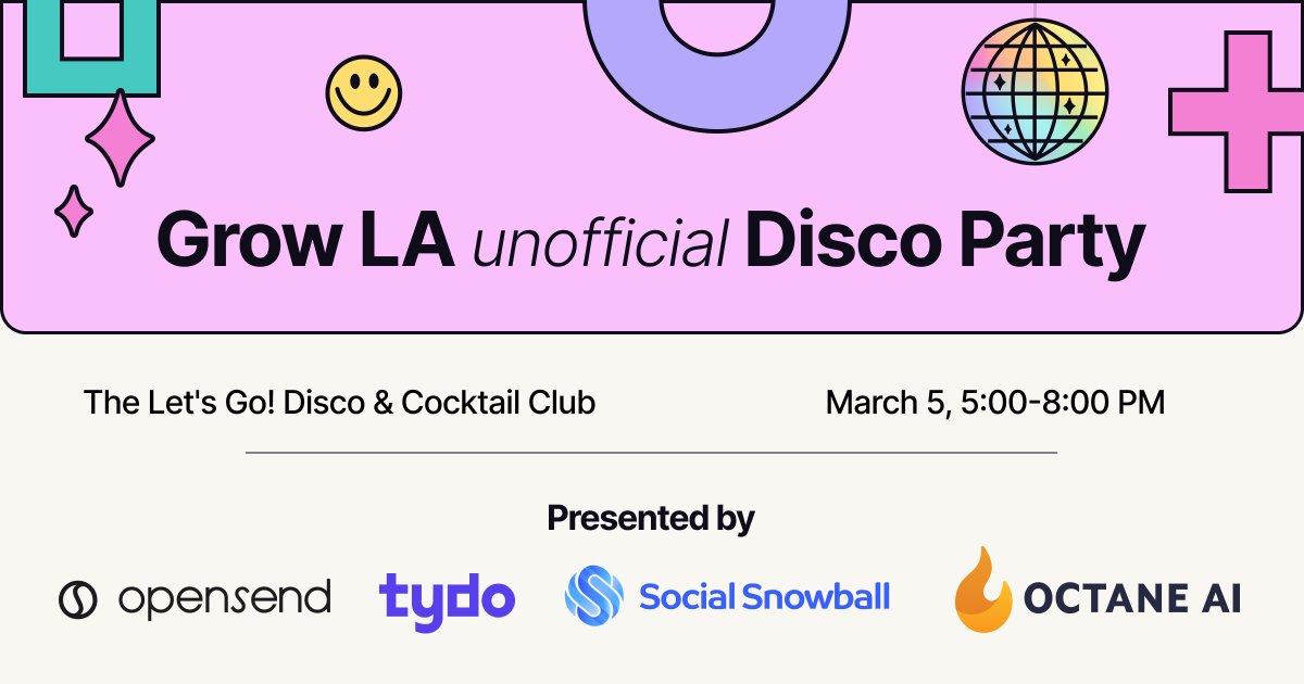 Let's Disco! 🕺 Join us tomorrow after GROW LA for an evening of cocktails and pizza with the best in ecommerce.

🔗  tydo.com/event/grow-la-…