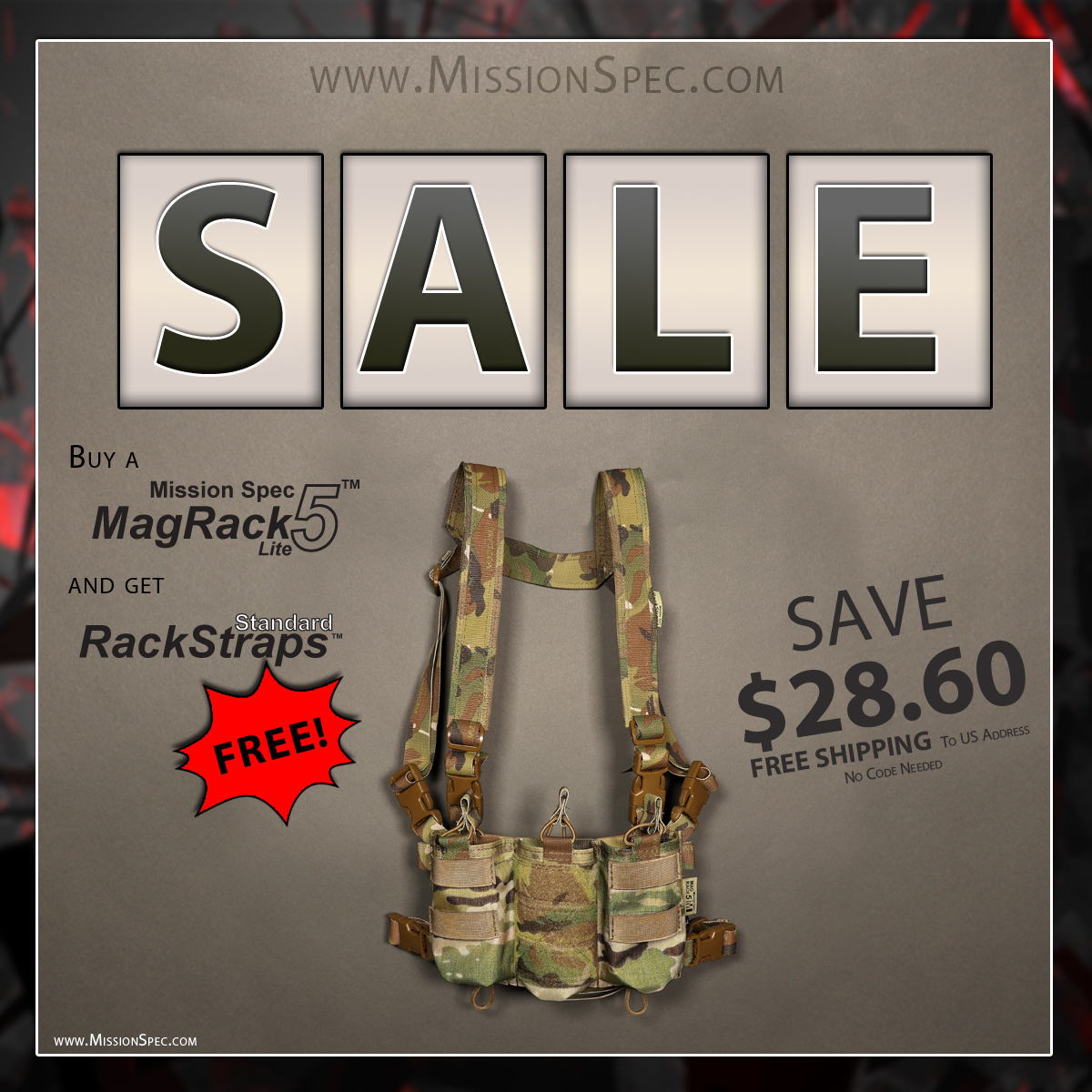 MissionSpec1's tweet photo. Get RackStraps-Standard free with purchase of a MagRack5-Lite. Or upgrade to RackStraps-Enhanced and receive the same discount.
https://t.co/aGLUnSZ6n9
#ChestRig #TacticalSale #TacticalGear #Military #LawEnforcement #milsim #airsoft #Police #USAMade #MadeInAmerica #LARP #MultiCam https://t.co/PY8vrmlT3R