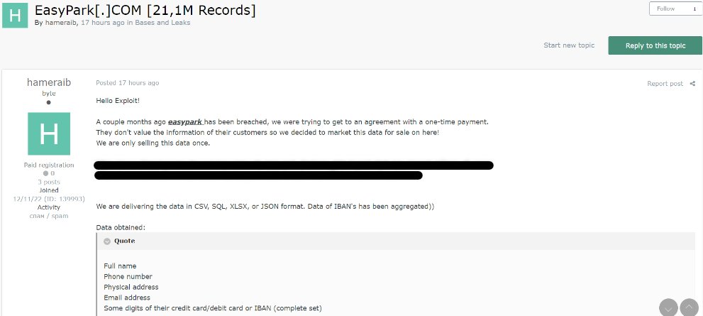H4ckmanac's tweet photo. #DataBreach Alert ⚠️⚠️⚠️

🚨 EasyPark: 21.1 Million Records Allegedly for Sale on a Hacking Forum 🚨

21.1 million records belonging to EasyPark, apparently exfiltrated in the data breach the company suffered last December, are for sale for $39,995.

The cybercriminal with the alias "hameraib" claims that the records include full names, phone numbers, addresses, email addresses, and partial credit card or IBAN details.

#EasyPark