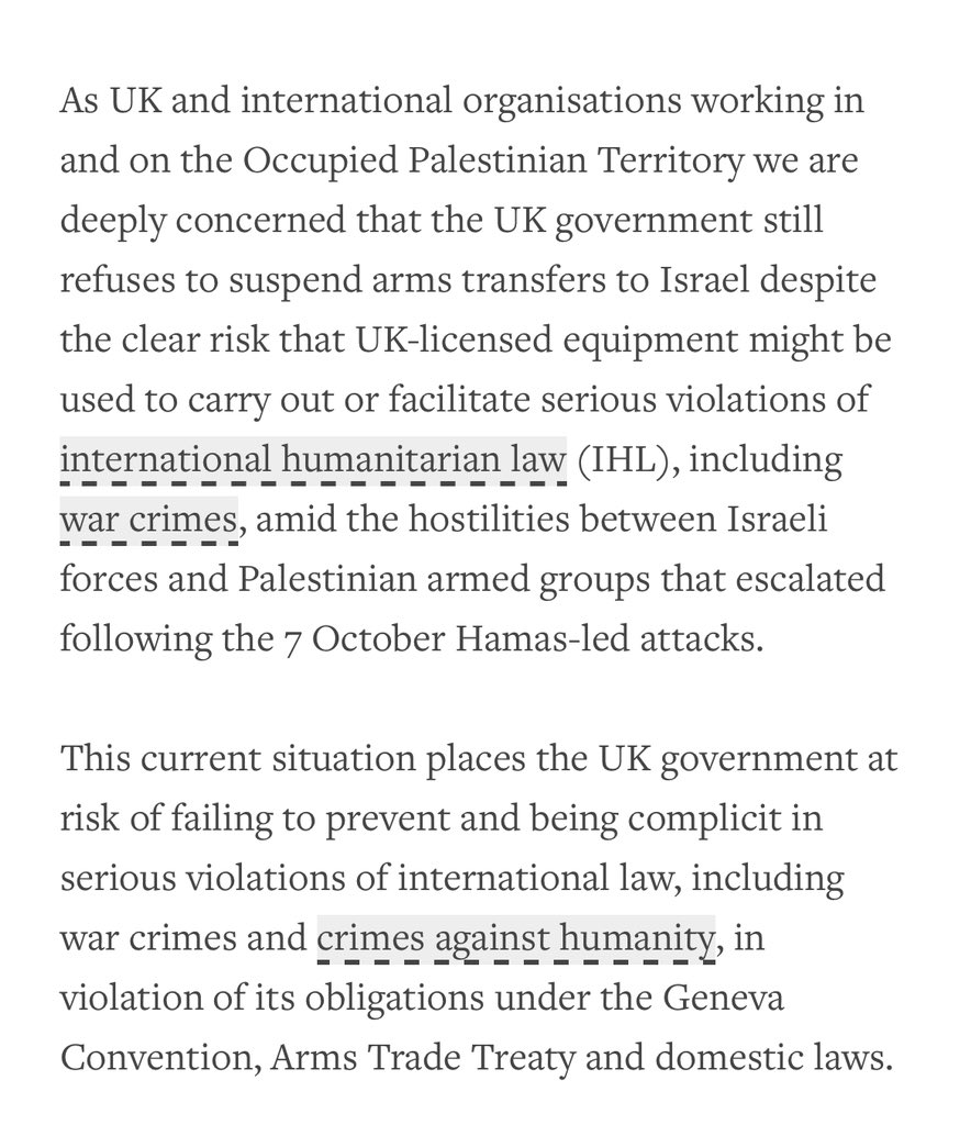 Joint statement by 8 NGOs, including @hrw: “We’re deeply concerned that the UK govt still refuses to suspend arms transfers to Israel.. [putting it] at risk of serious violations of international law—including war crimes & crimes against humanity—in violation of its obligations.”