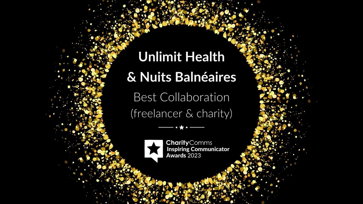 It's time for the next award, Best Collaboration (freelancer and charity), recognising the power of the freelance and charity combination. The winners are @unlimit_health and Nuits Balnéaires. Congratulations! #InspiringComms