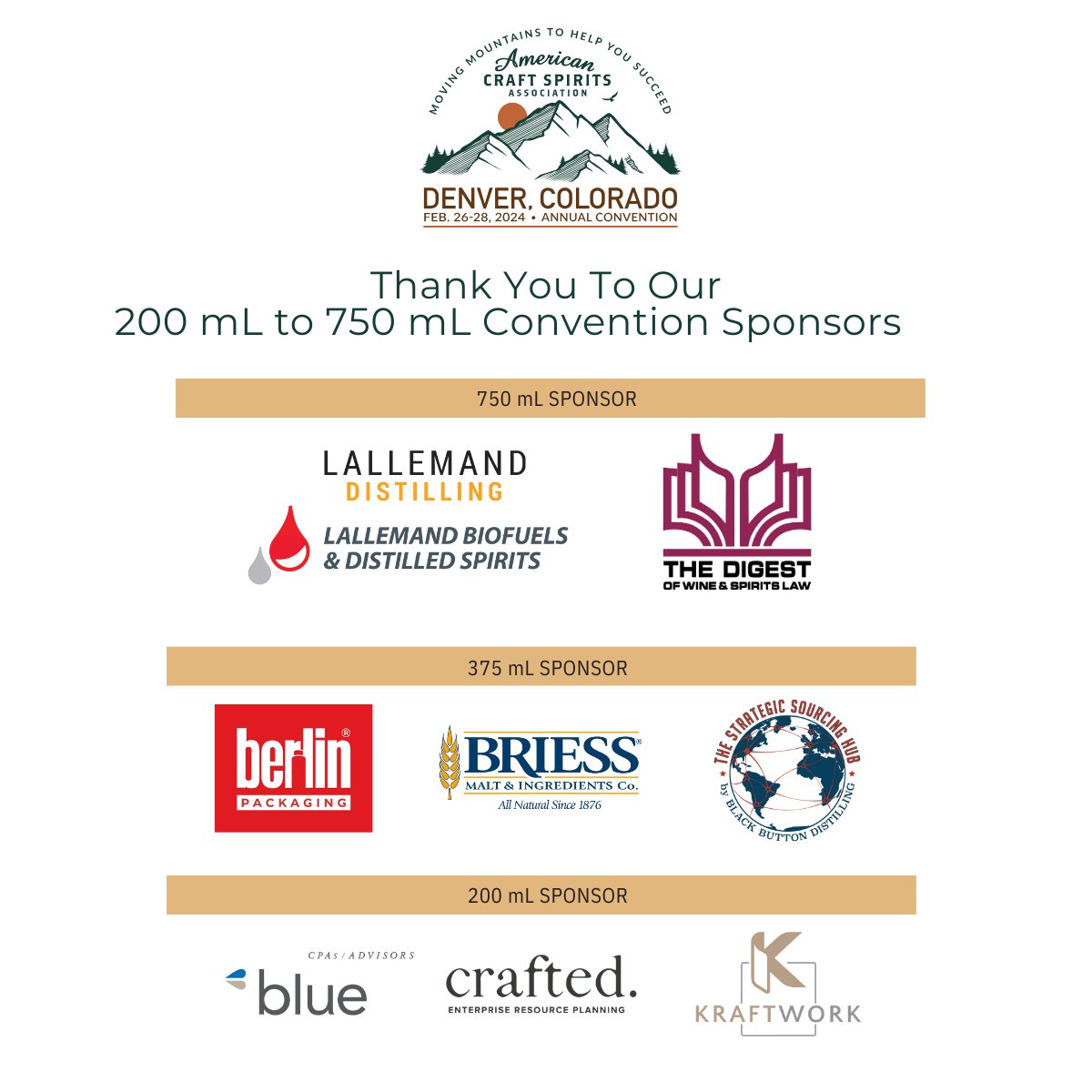 AmericanCraftSpirits (@craftspiritsus) on Twitter photo Thanks to our 200 mL to 750 mL convention sponsors, including <a href="/LBDS_Distilling/">Lallemand Distilling</a>, <a href="/BerlinPackaging/">Berlin Packaging</a>, Briess Malt & Ingredients Co., The Strategic Sourcing Hub, <a href="/Blue_CPA/">Blue & Co., LLC</a>, Crafted ERP and Kraftwork. Thanks to our 200 mL to 750 mL convention sponsors, including <a href="/LBDS_Distilling/">Lallemand Distilling</a>, <a href="/BerlinPackaging/">Berlin Packaging</a>, Briess Malt & Ingredients Co., The Strategic Sourcing Hub, <a href="/Blue_CPA/">Blue & Co., LLC</a>, Crafted ERP and Kraftwork.