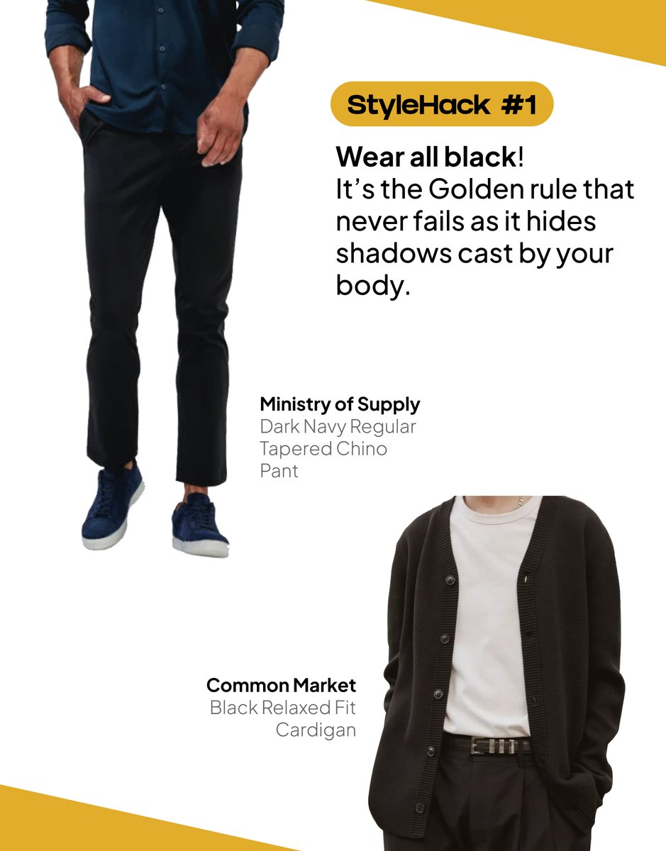 TaelorStyle's tweet image. #StyleHacks to look Slimmer:
#1: Wear all black!
#2: Opt for stripes and vertical details. 
#3: Never tuck in your sweater. It adds unwanted volume.
#4: Try a mid-plunge V-neck top. 
# 5: Go for block-color pieces in neutral shades. 
Follow us at @taelor.style