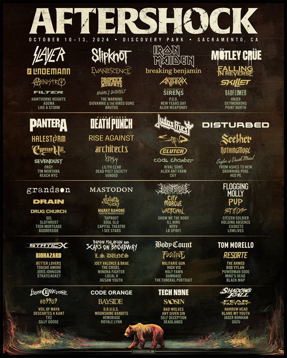 Aftershock, it’s happening! Our 2024 lineup is here and holy sh*t, this one will go down in the history books. Not only do we have <a href="/IronMaiden/">Iron Maiden</a>’s only U.S. festival play and the exclusive West Coast performance of <a href="/Slayer/">Slayer</a>, but also <a href="/slipknot/">Slipknot</a>, the first <a href="/MotleyCrue/">Mötley Crüe</a> appearance at