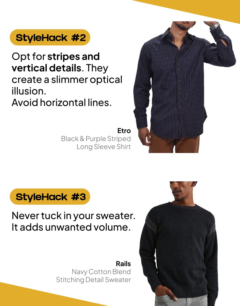 TaelorStyle's tweet image. #StyleHacks to look Slimmer:
#1: Wear all black!
#2: Opt for stripes and vertical details. 
#3: Never tuck in your sweater. It adds unwanted volume.
#4: Try a mid-plunge V-neck top. 
# 5: Go for block-color pieces in neutral shades. 
Follow us at @taelor.style