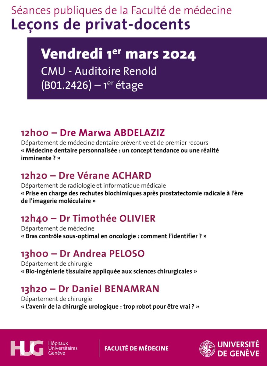 J'aurai l'honneur de présenter mes travaux de recherche aux Leçons publiques de Privat Docent vendredi 1er mars à 12:40 au CMU à Genève ! @UNIGEnews @hug_ge -> le bras contrôle en oncologie ! agenda.unige.ch/events/view/38…