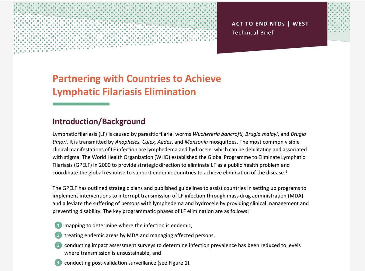 Check out the lymphatic filariasis Technical Brief by @FHI360 & @HelenKellerIntl! The brief covers challenges, best practices, lessons learned, and ways to sustain countries' progress. More: tinyurl.com/y7bmfhev #BeatNTDs @USAID @USAIDGH
