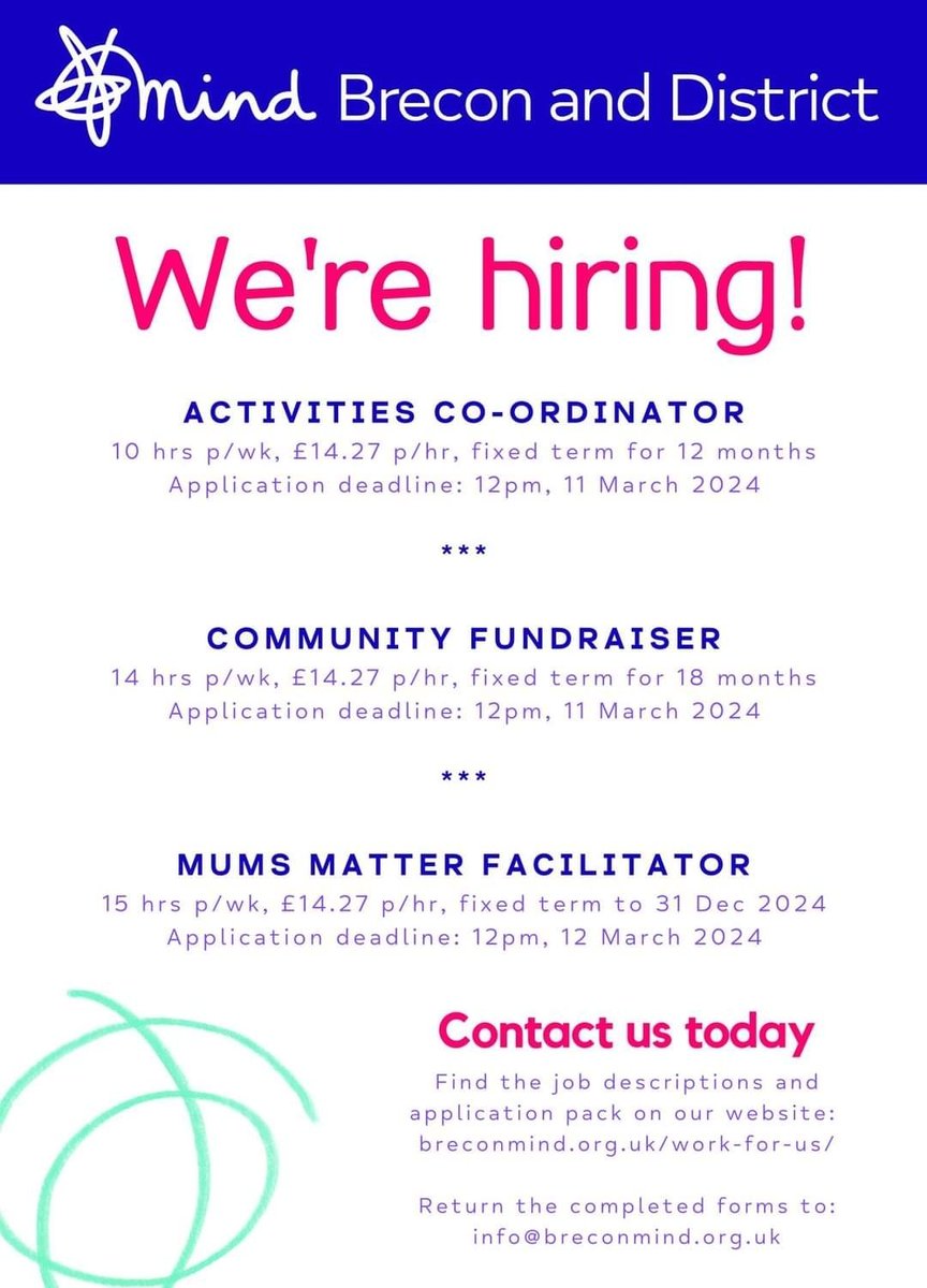 <a href="/BreconMind/">Brecon & District Mind</a> are on the hunt to find amazing people to join us!

3 part time jobs
Trustees
Volunteers

Find out more at breconmind.org.uk