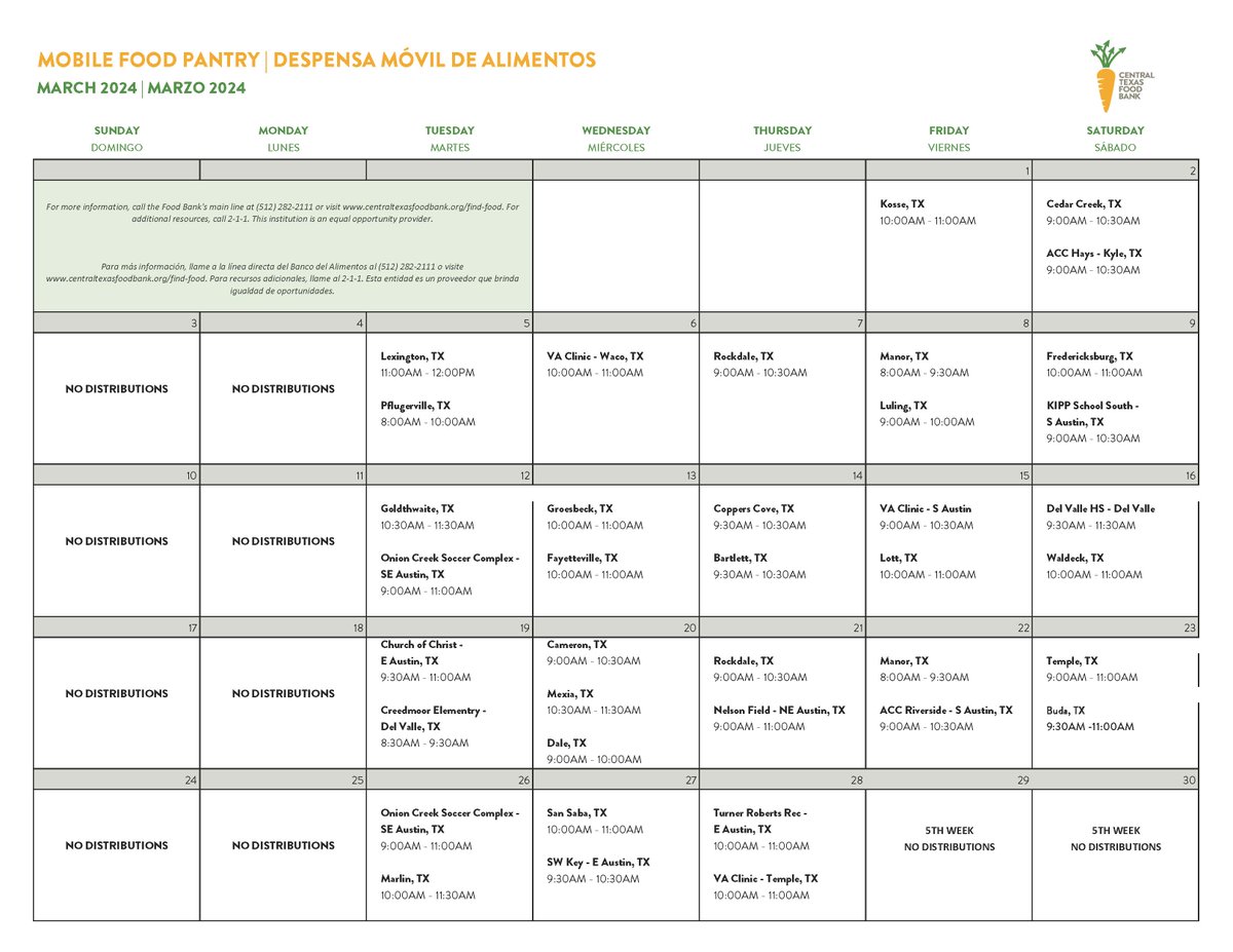 Need help with food? Come out to one of our Mobile Food Pantry distributions for FREE food this March. Be sure to make room in your trunk before arriving. Can't make it? Find food near you at bit.ly/3Mr48VE