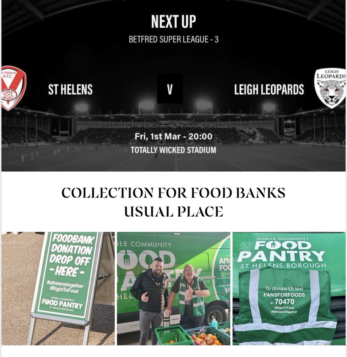 Collection for @HopeStHelens foodbank usual place if you can Donate Like Share @HSHVCA @CommunitySaints @SFoodbanks @CwuWamc @SPFCHARITY @StHelensChamber @RedVeeDotNet @ThattoRugby @ClockFaceMiners @blackbrookfc1 @PorticoVineRLFC @PilksRecsARLFC @NewtonStormARL @GarswoodStagsRL
