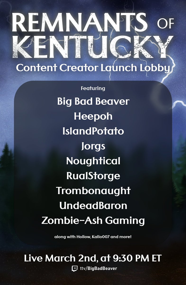 Excited to announce the special guest lineup for the Remnants of Kentucky launch party. Tons of amazing #projectzomboid content creators will be joining me for the first matches of ROK! 

Featuring:
<a href="/heepoh_/">Heepoh</a> 
@IslandPotato_ 
<a href="/JacobJorgs/">Jorgs</a> 
<a href="/RualStorge/">RualStorge</a> 
<a href="/UndeadBaron/">UndeadBaron</a> 
and more!