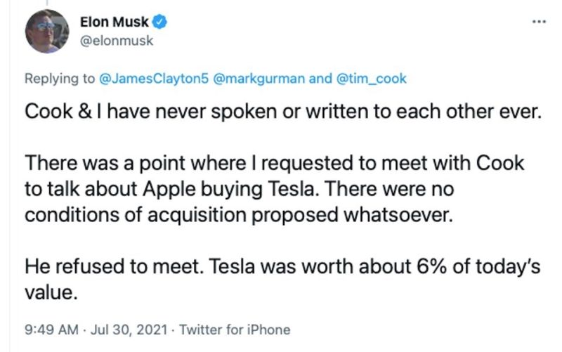 pelositracker's tweet photo. Never forget this tweet from Elon back in 2021 about $AAPL possibly buying $TSLA

(Pelosi owns stock in both Apple &amp; Tesla) https://t.co/u9T2SGSbob