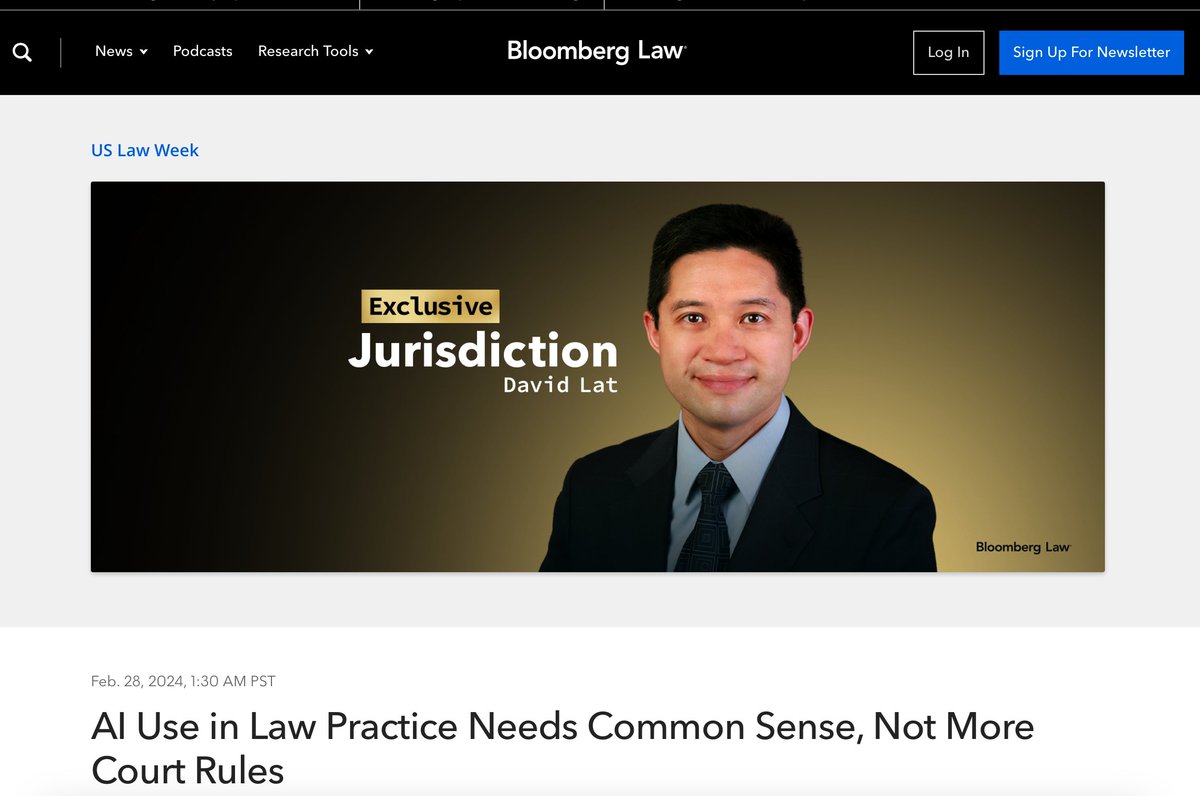 Want to keep up with the latest on AI, litigators, and the courts?

Great insights in a provocative new thought piece in <a href="/BLaw/">Bloomberg Law</a>. Hear from yours truly along with #legaltech stalwarts like <a href="/carolynelefant/">carolynelefant</a>, <a href="/bobambrogi/">Bob Ambrogi</a>, <a href="/DavidLat/">David Lat</a>, and <a href="/heyitsalexsu/">Alex Su</a> 

linkedin.com/feed/update/ur…