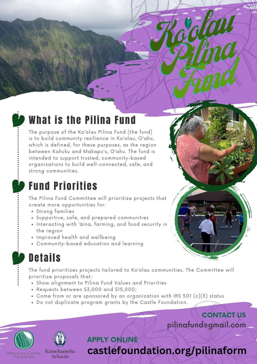 The Koʻolau Pilina Fund is accepting applications for projects helping to build resilience in Windward Oʻahu - from Makapuʻu to Kahuku. Have an idea? Learn more about how to apply here: castlefoundation.org/pilinafund/