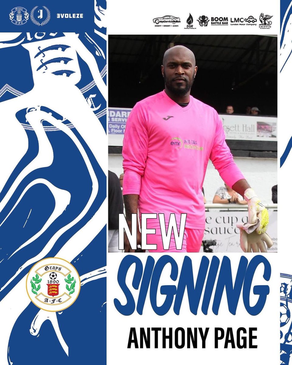 PLAYER ANNOUNCEMENT🚨 Grays Athletic are excited to announce the signing of goalkeeper Anthony Page, with previous clubs including Tilbury FC and Hashtag United. Welcome to the club Anthony.