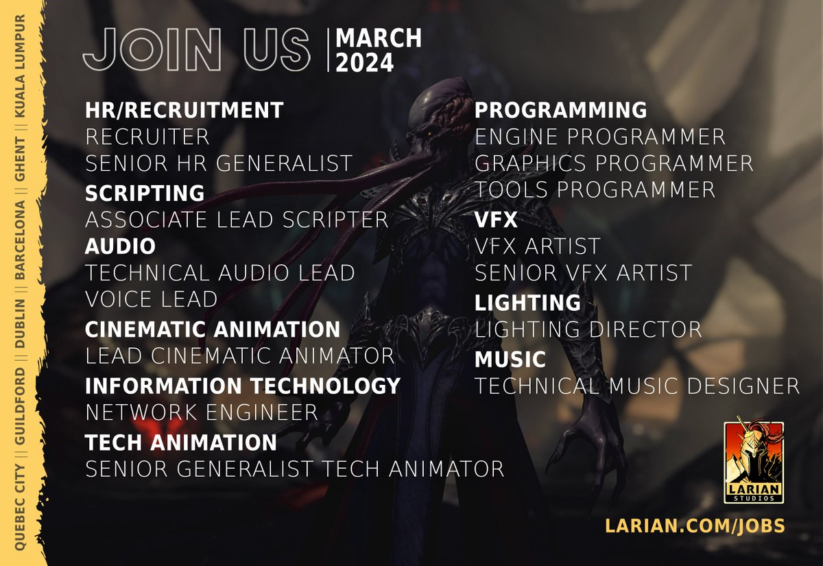 Continue your career with Larian Studios.

We're currently taking applications for numerous new roles across our departments, and encourage you to register with us even if you don't see your specific role!

larian.club/ApplyNow