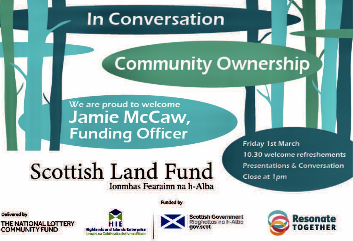 Exciting!
This Friday 10.30-1pm - in conversation with Jamie McCaw, Funding Officer at the Scottish Land Fund.
- thinking of a community buyout for your community project, then come along.
#communityownership #funding
#Alloa #Clackmannanshire
#CarsebridgeCulturalCampus