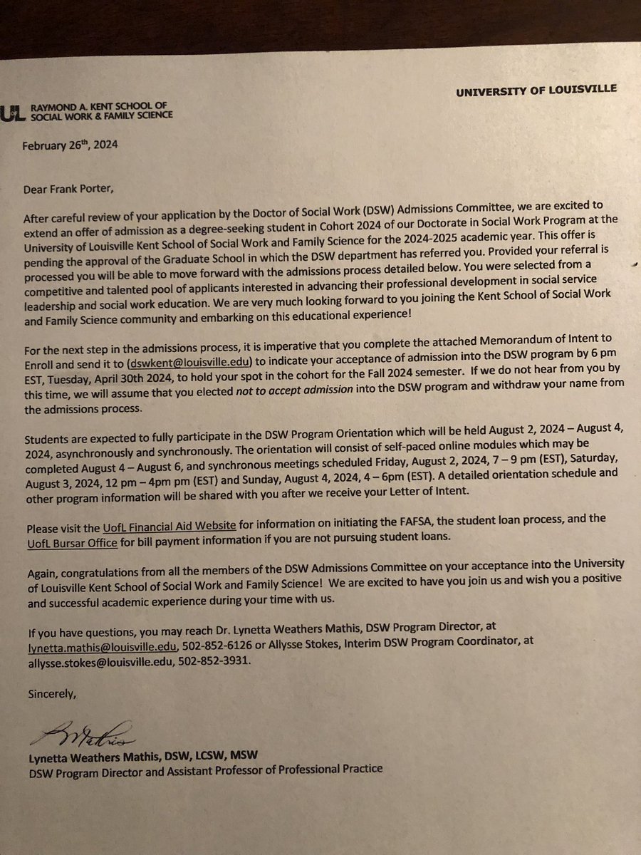 I will begin the final phase of my educational journey at The University Of Louisville. I cannot wait to receive my Doctorate after four strokes and a heart attack plus, PTSD. God is truly good and worthy to be praised.