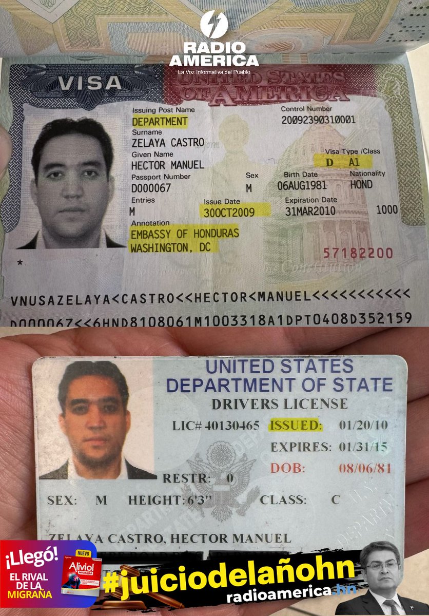 #AméricaNoticias #JuiciodelAñoHN 
ATENCIÓN | El hijo del expresidente Manuel Zelaya Rosales, Héctor Manuel, publicó hace unos minutos fotografías de una visa estadounidense emitida en 2009 y una licencia de conducir del Departamento de Estado emitida en 2010. 

"Es lamentable que