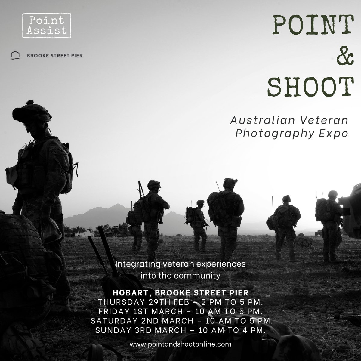 The exhibition is free to attend and will be open to the public at Brooke Street Pier, 12 Franklin Wharf, Hobart, Tasmania:
Thursday, February 29th: 2:00 PM - 5:00 PM
Friday, March 1st to Sunday, March 3rd: 10:00 AM - 5:00 PM
#hobart #tasmania #veteran #photography