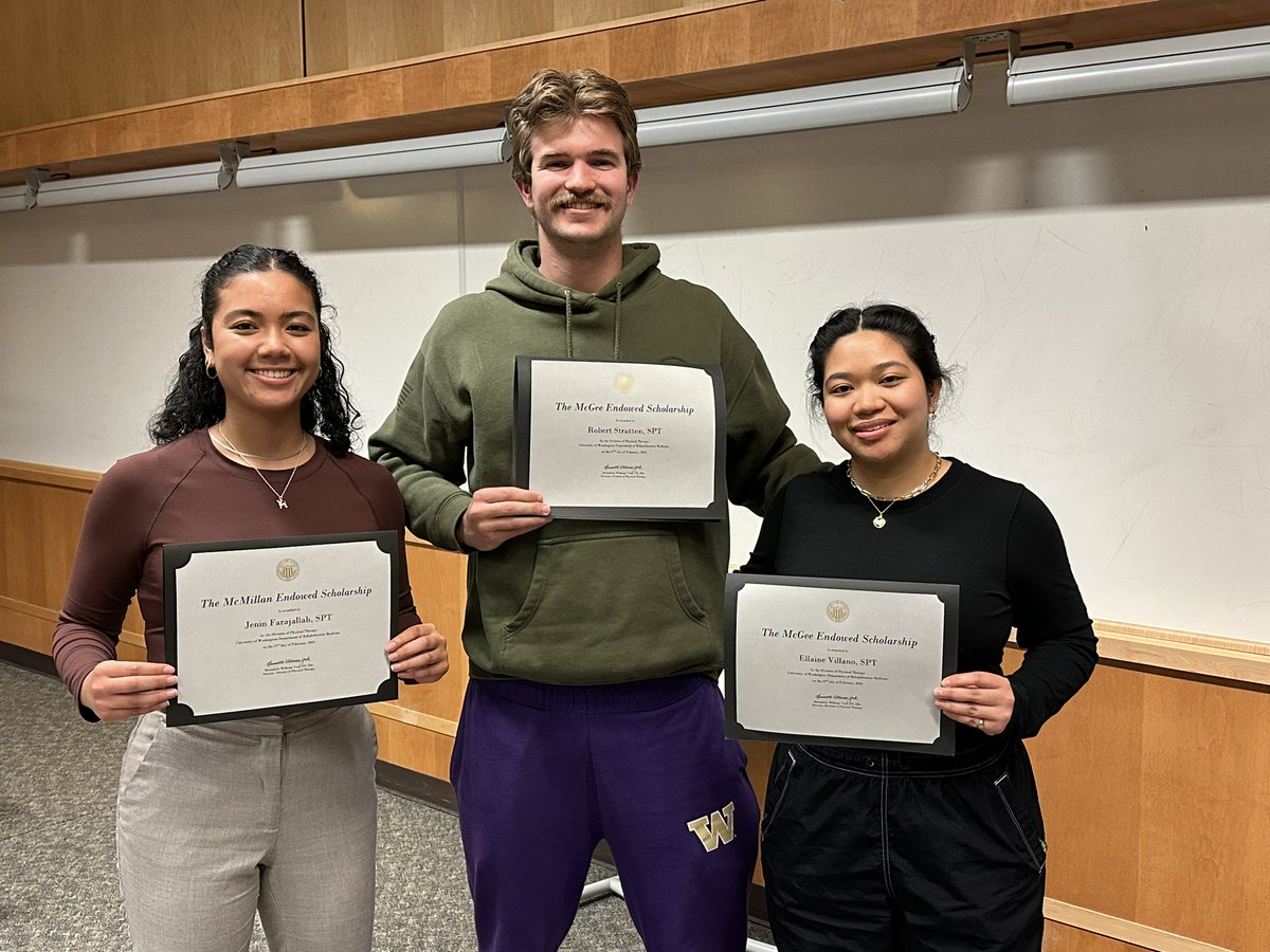Scholarships were awarded at  winter cohort meeting.  Congratulations to 1st year DPT students Jenin Farajallah (Mcmillan Endowed Scholarship) &amp; Robert Stratton &amp; Ellaine Villano (McGee Endowed Scholarship) who show amazing and unique potential to contribute to the PT profession!