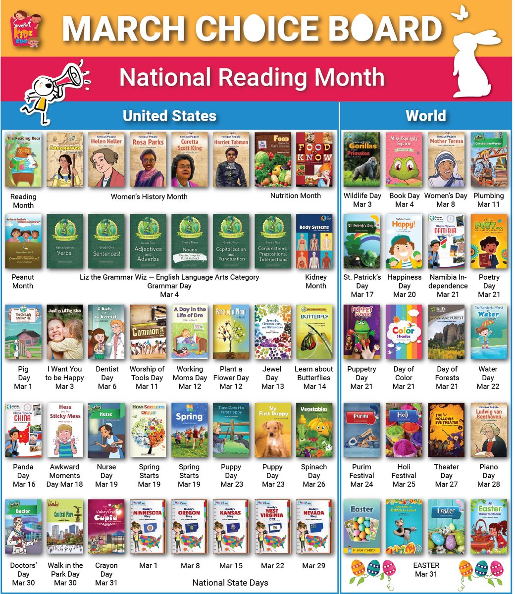 March Choice Board is out! Welcome spring and learn about festivals like St. Patrick's Day, Holi, Purim, and Easter. March is also National Reading Month, Women's History Month, Nutrition Month, and Peanut Month. #ReadMoreIn2024 #digitallibrary #edtech #earlyyears #readingaloud