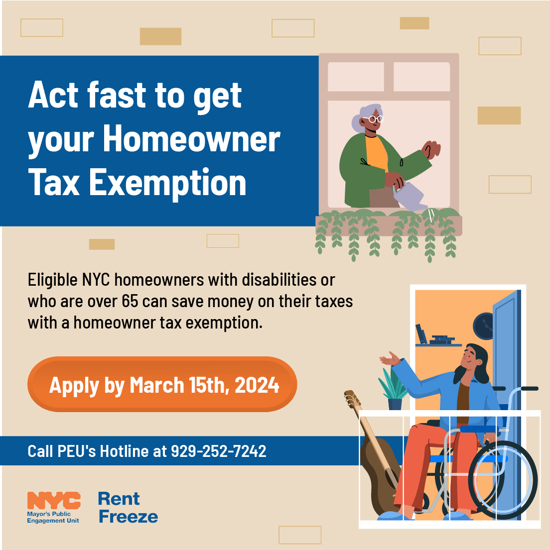 Apply for a homeowner tax exemption! Why wait when you can start saving? Call @mayorspeu’s Hotline at 929-252-7242. Learn more: nyc.gov/FreezeYourRent #HTE2024 #PEUInAction