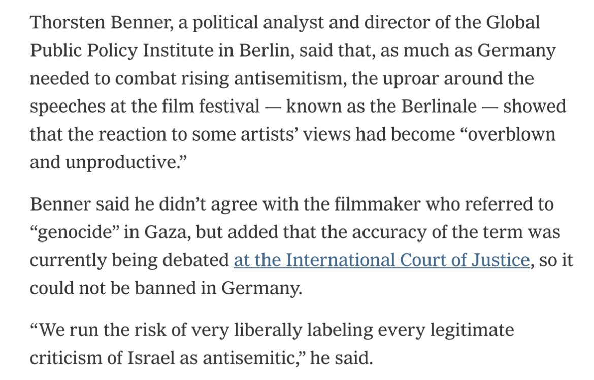 Thorsten Benner (@thorstenbenner) on Twitter photo Why much of the German elite reaction to the one-sided focus of Berlinale speakers on Palestinian suffering was overblown & counterproductive (to put it mildly).
A few points for <a href="/alexmarshall81/">Alex Marshall</a> <a href="/nytimes/">The New York Times</a>
nytimes.com/2024/02/27/mov… Why much of the German elite reaction to the one-sided focus of Berlinale speakers on Palestinian suffering was overblown & counterproductive (to put it mildly).
A few points for <a href="/alexmarshall81/">Alex Marshall</a> <a href="/nytimes/">The New York Times</a>
nytimes.com/2024/02/27/mov…