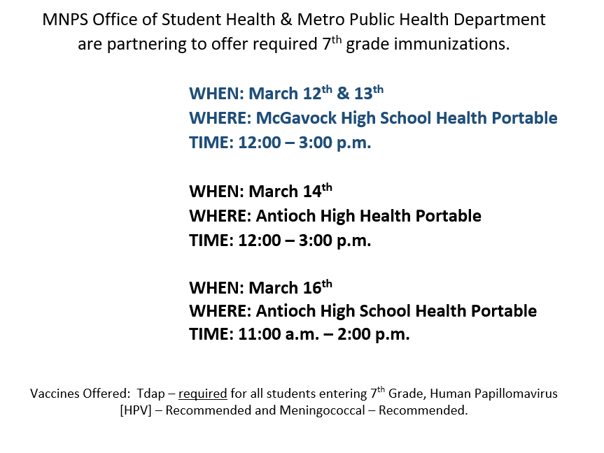 MNPS Office of Student Health & Metro Public Health Department are partnering to offer required 7th grade immunizations during Spring Break. @MetroSchools @DrWilliams711