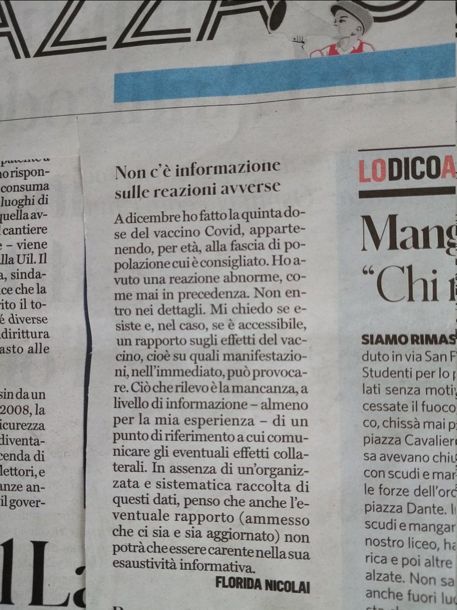Su Il Fatto Quotidiano di martedì 27 febbraio abbiamo letto una lettera della Sig.ra Florida e, oltre che portarla all'attenzione di più persone, vogliamo dare una risposta: no, in Italia la farmacovigilanza (più correttamente in questo caso vaccinovigilanza) è un sistema