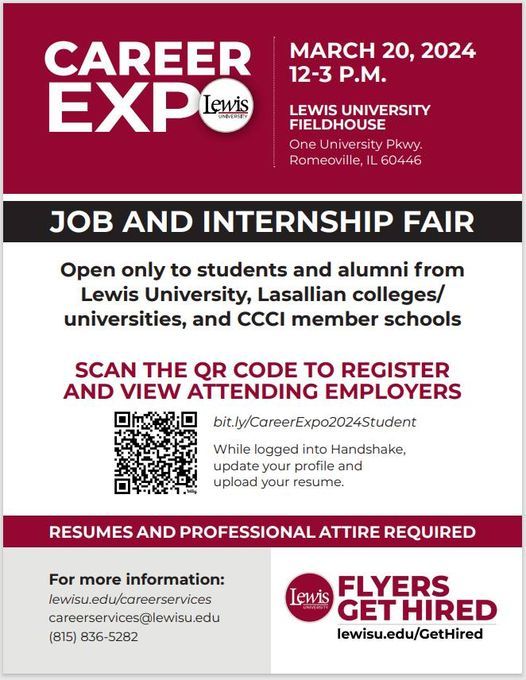 LewisCareerSvcs's tweet photo. Over 100 students have ALREADY pre-registered for our #LewisU Career Expo Job &amp; Internship Fair!  Are YOU pre-registered yet?  https://t.co/8hxolZorWF https://t.co/qSE0xtIKyN