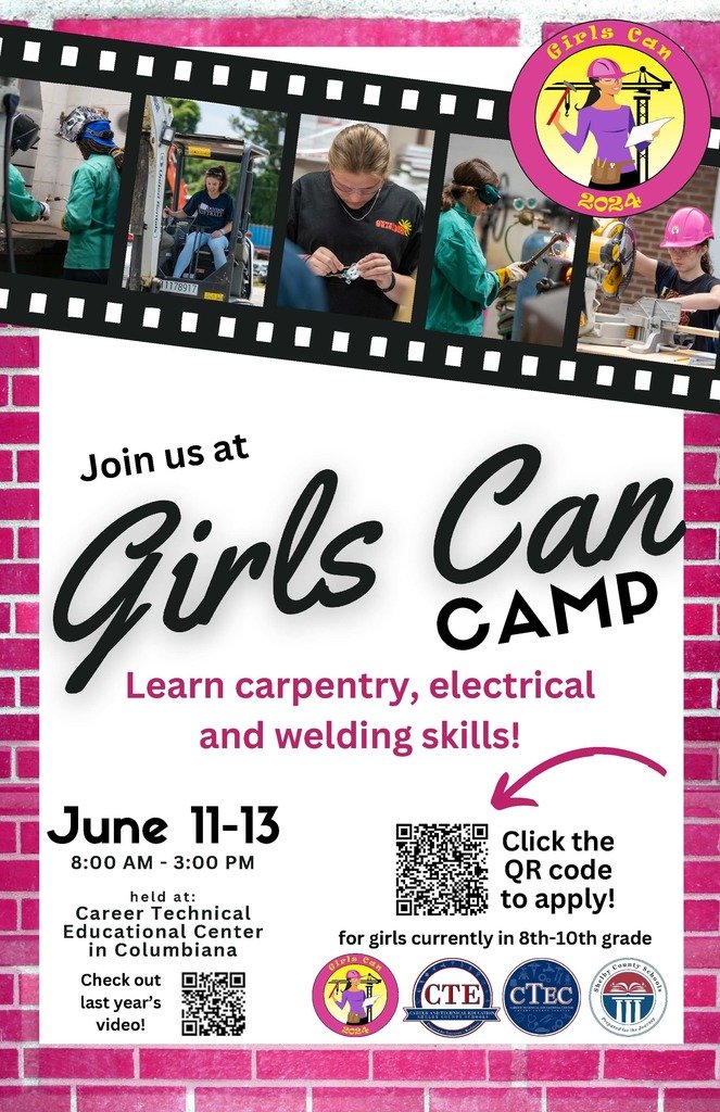 Girls Can Camp is a 3-day, hands-on camp for current 8th, 9th, &amp; 10th grade girls. Check out the attached flier for more information. To apply and also to see a video of last year's camp, scan the QR codes in the flier, or you can go to bit.ly/GirlsCanApplic… to apply.