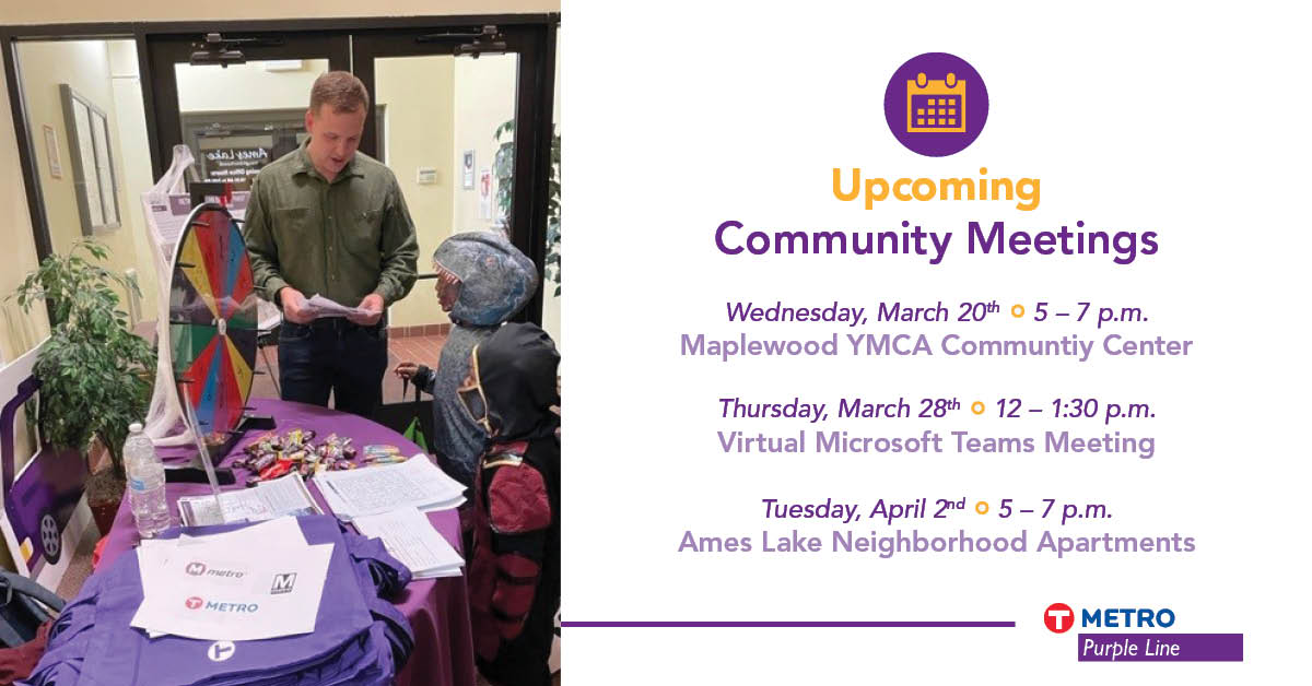 Attend an upcoming community meeting to learn more about the opportunities and impacts the project’s design options could have for residents and businesses along Maryland and White Bear avenues. Details: metrotransit.org/purple-line-pu… #BRTaFasterRide
