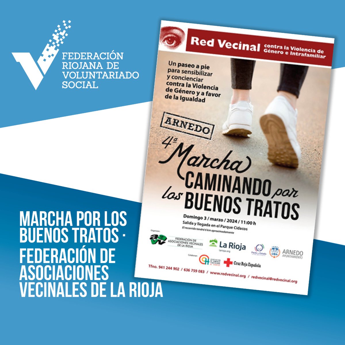 #PorLosBuenosTratos 🚶 Este domingo tenemos un excelente motivo para andar en Arnedo. La ciudad acoge la📣 IV Marcha "Caminando por los buenos tratos y la igualdad", organizada por <a href="/FVECINALESRIOJA/">Federación de Asociaciones Vecinales de LA RIOJA</a> . ¿Te unes?

🚶 Inicio: 11 h.
🏁 Recorrido: salida y llegada 📍parque del Cidacos.
