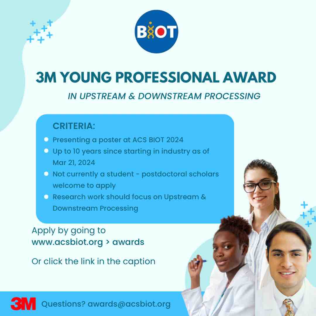 Are you presenting a poster in Upstream or Downstream Processing? Nominate yourself for 3M’s 2024 Young Professional Award! Be sure you meet the criteria below and submit yourself for consideration by MIDNIGHT EST at: lnkd.in/eGtVw-Us