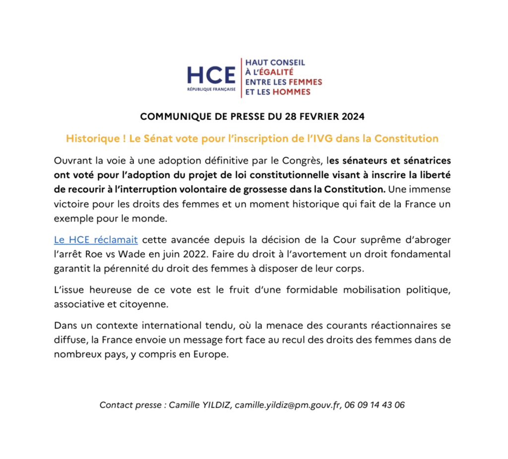 📣Historique ! Le Sénat vote pour l’inscription de l’IVG dans la Constitution. Une immense victoire pour les droits des femmes et un moment historique qui fait de la France un exemple pour le monde. #IVGDanslaConstitution