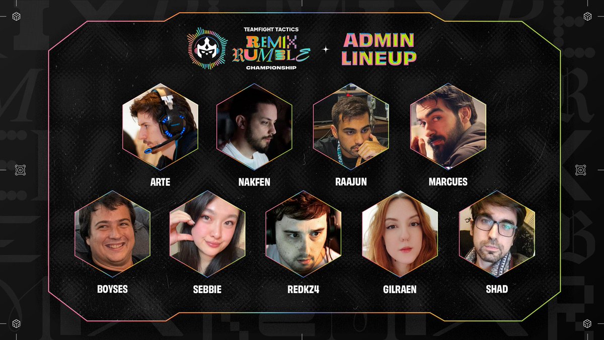 👋 Meet your #TFTChampionship Admin Team for the Remix Rumble Championship!

🔧 <a href="/JoshArtenyx/">Josh "Artenyx" Santus</a>, <a href="/Nakfen/">Nakfen, Jules</a>, <a href="/RaajunN/">Raajun</a>, <a href="/borahercicek/">Bora Herçiçek</a>, <a href="/Boyses21/">Boyses</a>, <a href="/Sebbietonin/">Sebbie</a>, <a href="/RedKz4/">Daniel “RedKz4”</a>, <a href="/GilraenNR/">Gilraen 🐾💜🐭</a>, <a href="/ShadHeroes/">Daniel González</a>

📅: March 1-3, 4am PT
📺: riot.com/3RjDfb5
📺: riot.com/41KyUAG