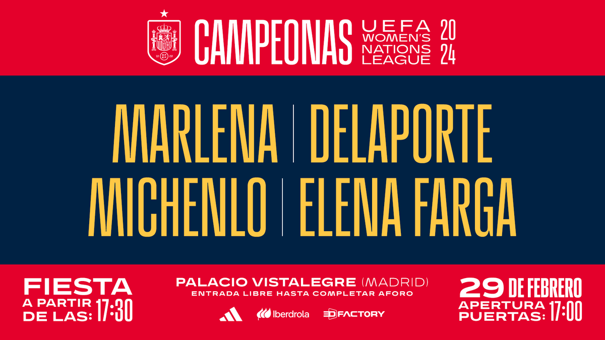 🚨 ¡¡𝗬 𝗠𝗔𝗡̃𝗔𝗡𝗔 𝗩𝗔𝗠𝗢𝗦 𝗔 𝗖𝗘𝗟𝗘𝗕𝗥𝗔𝗥𝗟𝗢 𝗣𝗢𝗥 𝗧𝗢𝗗𝗢 𝗟𝗢 𝗔𝗟𝗧𝗢!!

🥳Fiesta con las 𝗖𝗔𝗠𝗣𝗘𝗢𝗡𝗔𝗦 en el Palacio Vistalegre de Madrid.

⏰ Apertura de puertas a las 17:00 horas.
🎟️ Entrada libre hasta completar el aforo.
🎶 ¡¡Con un cartel de lujo y