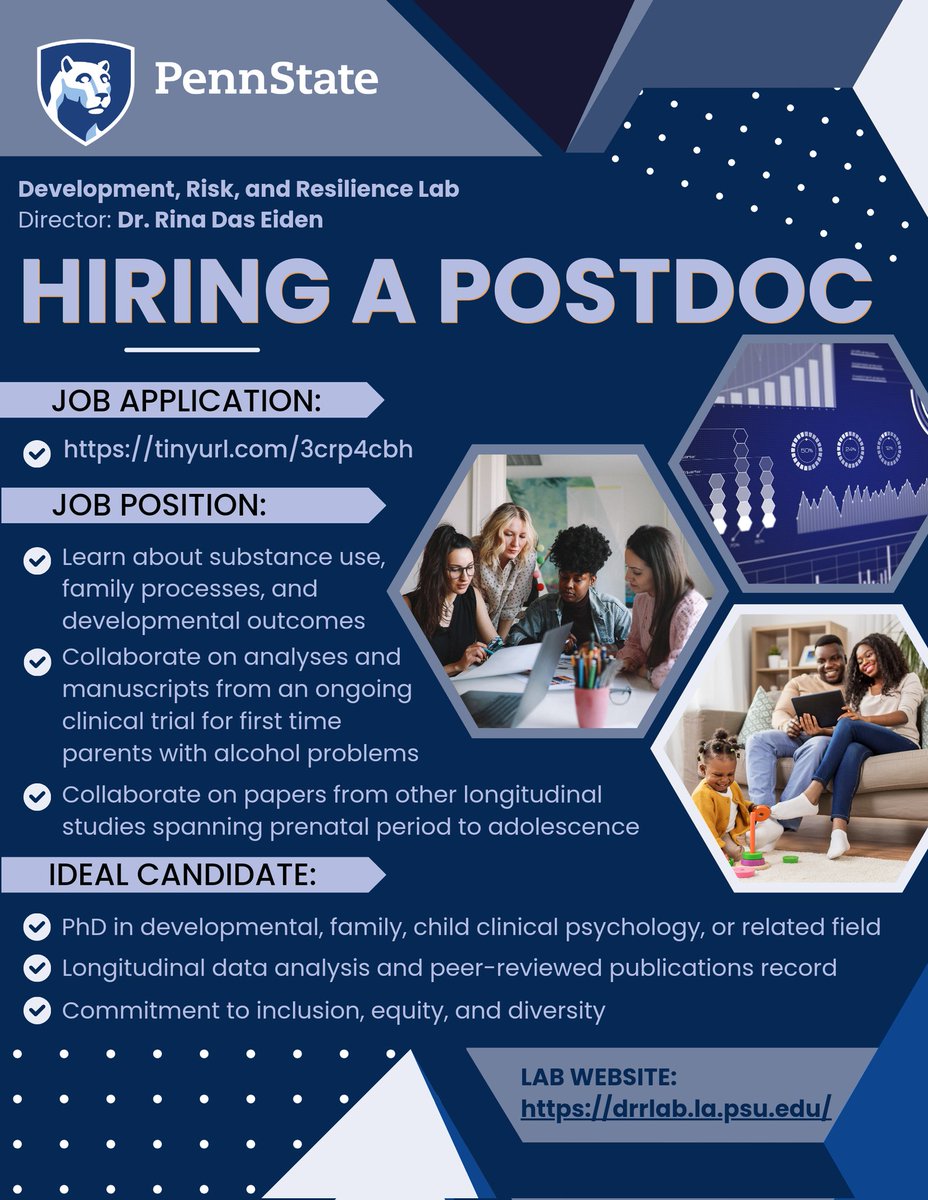 Resharing this! :) RT #ResearchOpportunity🔬🌟 A #postdoc opening in @EidenDas's #research lab @PSUPsychology! Dive into an RCT, learn about #substance use, and get the opportunity to work with longitudinal datasets. 🤰#AcademicJobs #ScienceJobs #DevPsych
tinyurl.com/3crp4cbh