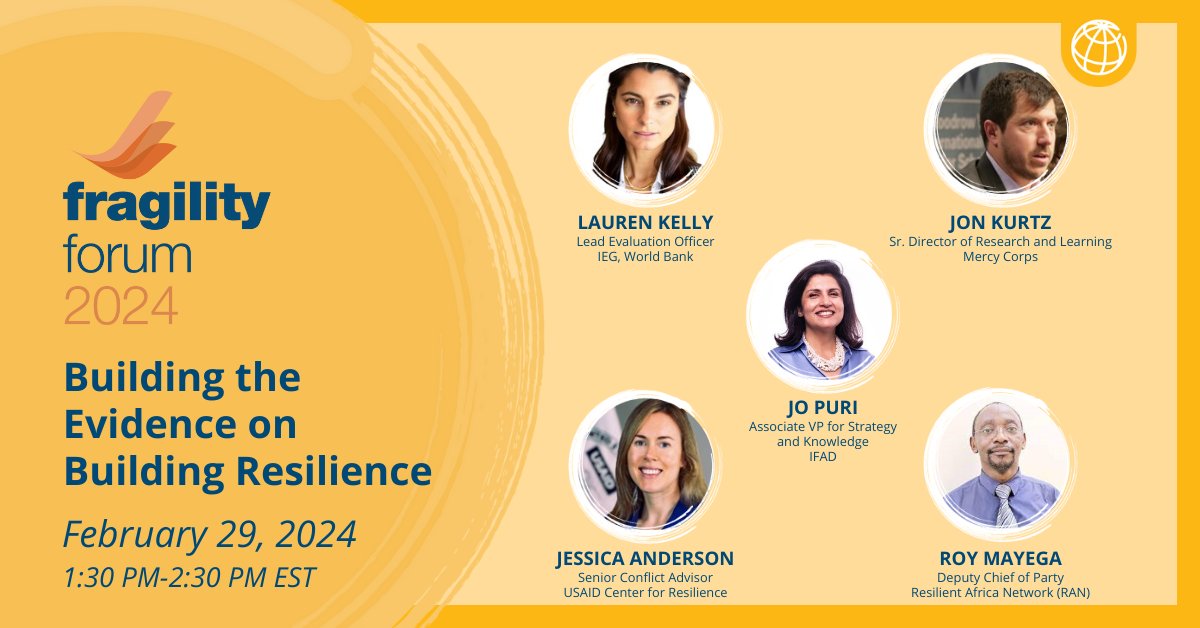 WorldBank_IEG's tweet image. 🌐 EVENT | #FragilityForum
📅 February 29 | 1:30PM ET

How do organizations pursue and measure resilience?
The session “Building the Evidence on Building Resilience” will bridge perspectives from development, climate, and humanitarian fields.

Register: bit.ly/3SVp8Zk