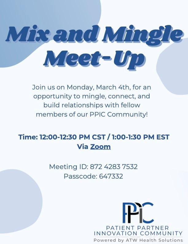 Do you want to connect with other PPIC members? Join us! The next meet-up will be Monday, March 4th, at 12:00 pm CST. desiree.bradley@atwhealth.com

#atwhealth #ppiconline #healthequity #qualityimprovement #healthcaretransformation #patientengagement

atwhealth.zoom.us/j/87242837532?…