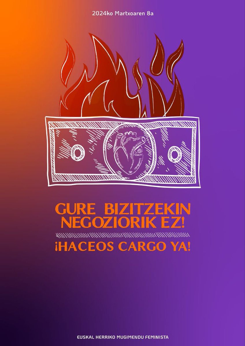 🟣 [Martxoak 8]
Gure bizitzekin negoziorik ez!
¡Haceos cargo ya!

Ez ziren gutxi izan azaroaren 30ean kalera ateratzeko genituen arrazoiak....
Eta bide beretik jarraituz, martxoaren 8an ere kaleak hartzera goaz!

📍Gasteiz. San Anton plazatik
🕙 18:00

<a href="/M8EuskalHerria/">Euskal Herriko Mugimendu Feminista</a>