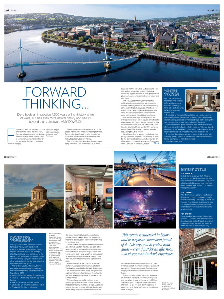 Great article on the historic walled city of Derry in the latest edition of @coastmag in GB, which will reach over 300,000 – following a press visit by Amy Dowrick last September, organised in conjunction with @NITouristBoard.