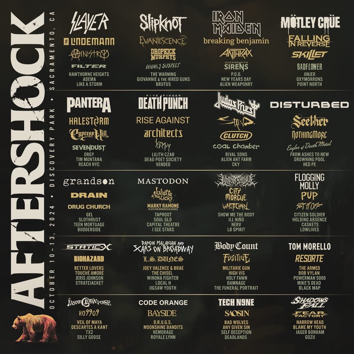 Aftershock Festival October 10-13, 2024 Discovery Park | Sacramento, CA See you at @aftershockfestival in Sacramento! Passes on sale now at bit.ly/aftershock24