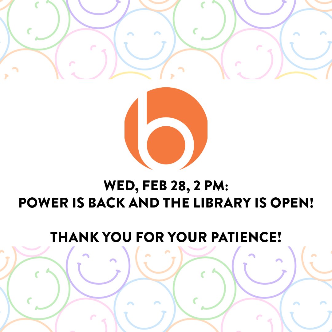 Great news, the power has been restored and the Library is open again! Come on over!