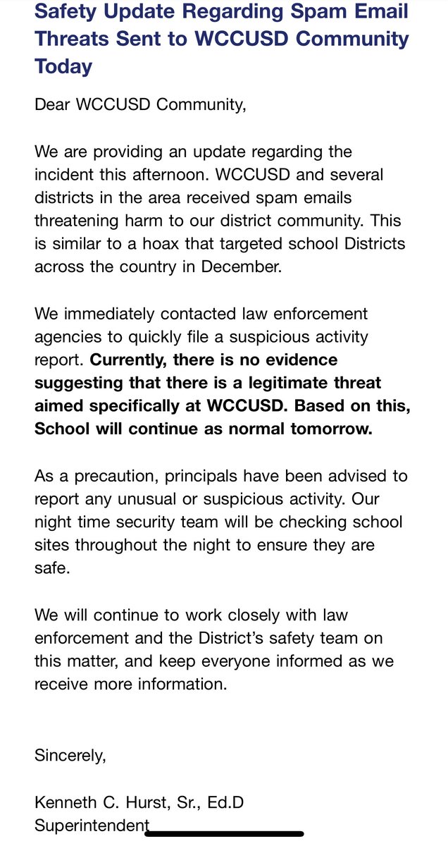 RHS_Leak's tweet photo. UPDATE: Threats causing @WCCUSD to close campuses districtwide after school today were “spam emails”. Schools will reopen tomorrow. District said threats mirror a hoax that targeted schools nationwide last year, but the update does not show us what the “spam emails” look like. https://t.co/qqDbot0Uit