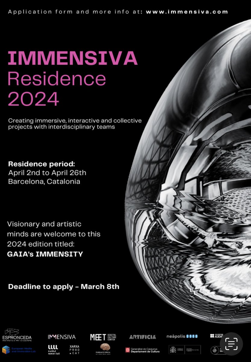 #opencall ‼️ 
IMMENSIVA RESIDENCE 2024
 
Dates: del 2 al 26 d’abril de 2024.
Nombre de participants: 8 artistes/creador
Participació: per invitació o sol·licitud de convocatòria oberta.

FORMULARI DE SOL·LICITUD: (link in bio) 
lnkd.in/d67Y7VJX