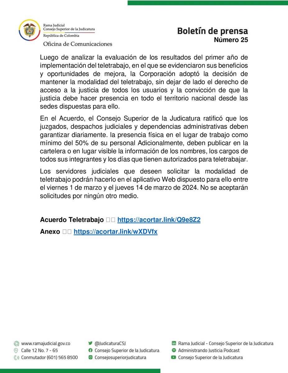 judicaturacsj's tweet photo. #TeletrabajoEnRamaJudicial

Mantenemos teletrabajo en  #RamaJudicial y actualizamos algunas condiciones.

Servidores judiciales que deseen solicitar teletrabajo podrán hacerlo entre el viernes 1º  y el jueves 14 de marzo de 2024.

Acuerdo 12151 de 2024 👉https://t.co/G1ky7d7n2x https://t.co/cWjGlmZ7Gr